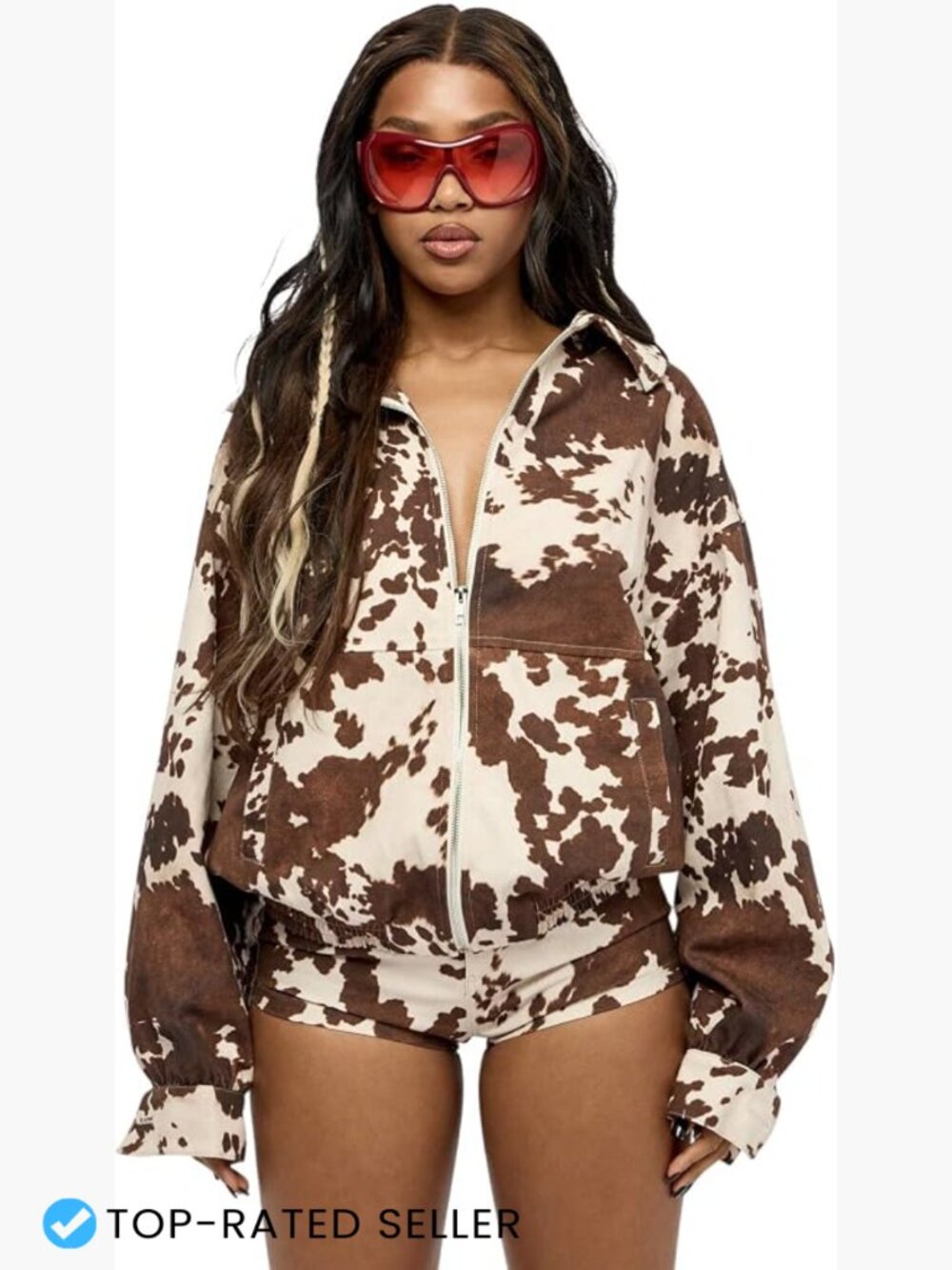 Cow Print Suede Jacket Cropped Western Motorcycle Outwear Long Sleeve Button Up